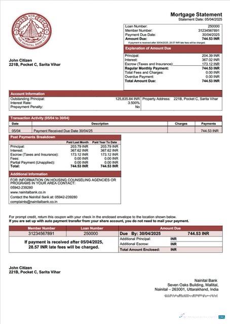Download India Nainital Bank mortgage statement Word and PDF template Photoshop template